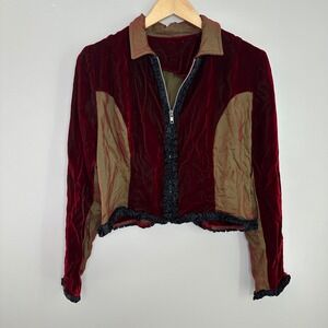Handmade Women's Velvet Cropped Jacket Maroon Color Block Ruffle Trim‎ Whimsy